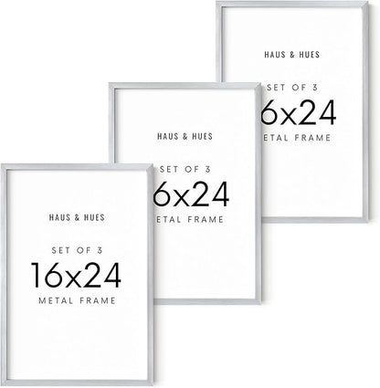HAUS AND HUES 16x24 Silver Metal Picture Frames - Features Premium Aluminum, Vertical & Horizontal Hang, Shatterproof Plexiglass - Perfect for Home, Room, Office (16x24 in, Silver, Set of 3)