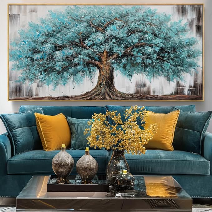 Wall Art Tree of Life Abstract Modern Artwork Blue Teal Tree Canvas Painting for Bedroom Living Room Office Large Decor 20"x40" with Framed