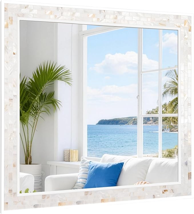 Tanmicoshomy 30 x 30 Inch White Rectangle Wall Mirror, Natural Shell Framed Rectangular Mirrors for Bathroom Bedroom, Living Room, Entryway, Wall Mounted Horizontal or Vertical