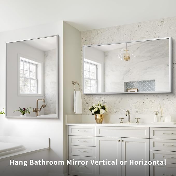 COFENY Silver Bathroom Mirror for Wall, 30x48 Inch Rectangle Mirrors with Metal Frame, Modern Vanity Wall Mirror Decor for Bathroom Living Room, Entryway Hangs Horizontal or Vertical