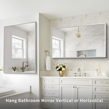 COFENY Silver Bathroom Mirror for Wall, 30x48 Inch Rectangle Mirrors with Metal Frame, Modern Vanity Wall Mirror Decor for Bathroom Living Room, Entryway Hangs Horizontal or Vertical