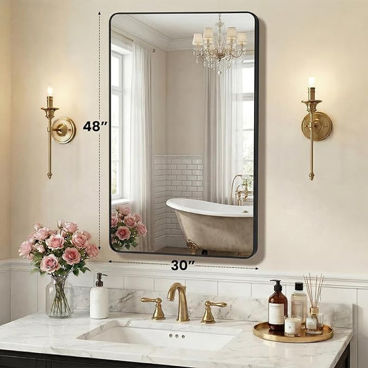 OLIXIS Bathroom Mirror for Over Sink, 48x30 Inch Wall Mount Mirror with Rounded Rectangle and Matte Metal Framed, Modern Wall Vanity Mirror for Home Decor, Living Room, Bedroom, Black