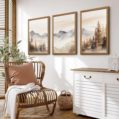 Neutral Mountain Wall Art Decor Set of 3 Forest Canvas Wall Art Poster Landscape Wall Art Artwork Modern Pictures Abstract Painting Watercolor Prints for Living Room Bedroom 16x24 Inch Framed