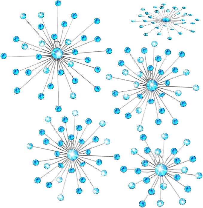 Funnymoom 4 Pcs Blue Starburst Wall Decor Metal Bling Wall Art Blue Crystal Sparkling Rhinestones Bling Decorative Hanging Diamond for Living Room Bedroom Home Office
