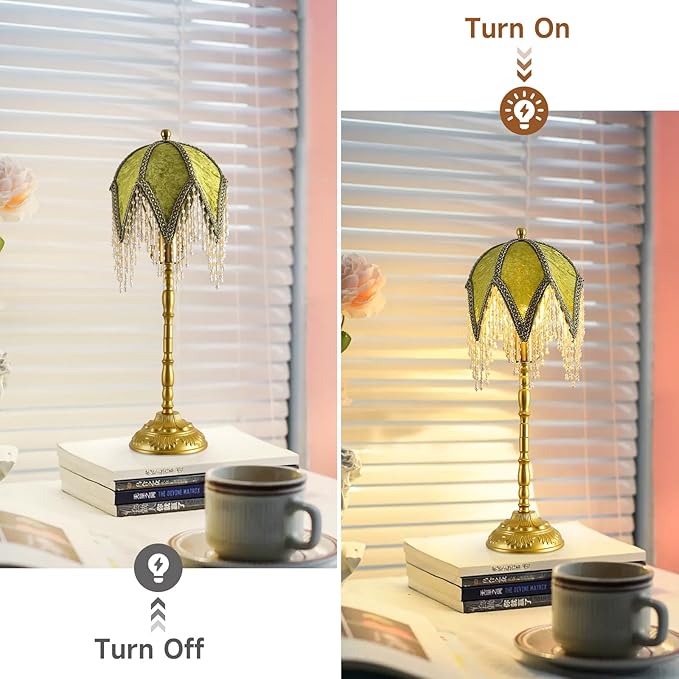 Vintage Tasselled Table Lamp with Beaded Shade, 3 Color Temperatures, Green and Gold, Victorian Style-C