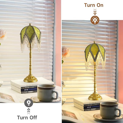 Vintage Tasselled Table Lamp with Beaded Shade, 3 Color Temperatures, Green and Gold, Victorian Style-C