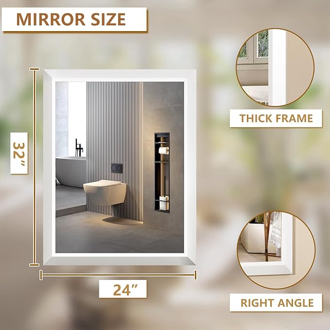 SMIROR Matte White Bathroom Mirror for Over Sink, 24”x 32” Metal Thick Framed Rectangle Vanity Mirror for Wall, Right Angle Corner, Anti-Rust, Horizontally or Vertically Mounted