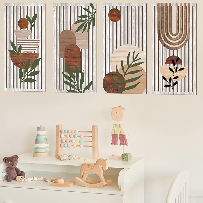 Yuntau 4 Pcs Boho Wooden Wall Art Plant Wall Sculptures Abstract Minimalist Wall Decor Geometric Sun Rainbow Painting Home Decor Print for Living Room Bedroom Office(Cute)