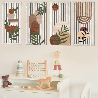 Yuntau 4 Pcs Boho Wooden Wall Art Plant Wall Sculptures Abstract Minimalist Wall Decor Geometric Sun Rainbow Painting Home Decor Print for Living Room Bedroom Office(Cute)