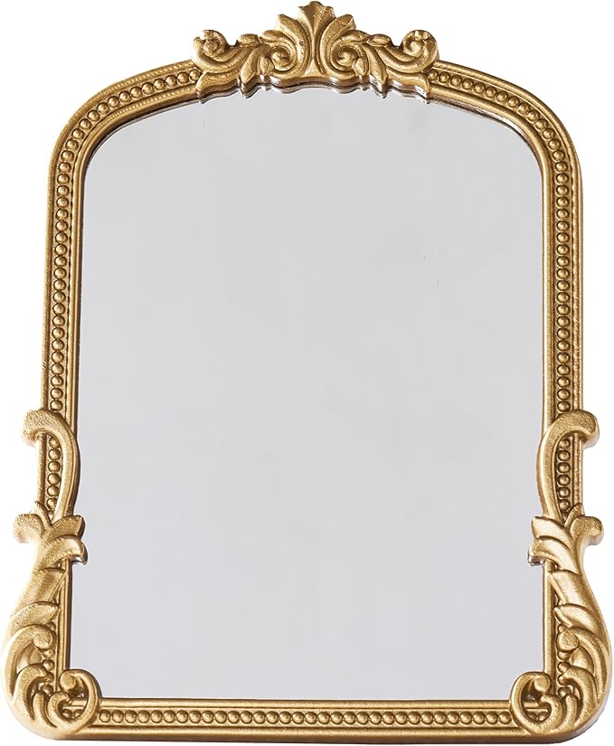 Vintage Vanity Small Mirror with Stand,Gold Decorative Mirrors for Wall,Antique Desk Eclectic Home Dresser Decor Small Mirror,Bathroom, Bedroom, Makeup Desk, Wall Entry,11.6" L x 9.0" W Gold