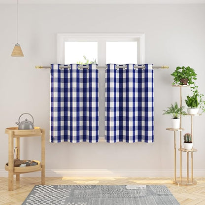 3 Pc Cotton Classic Country Farmhouse Kitchen Window Curtain Grommet Top -Navy Blue & White Buffalo Check Tier & Valance Set, 54" x 18" / 32" x 36"