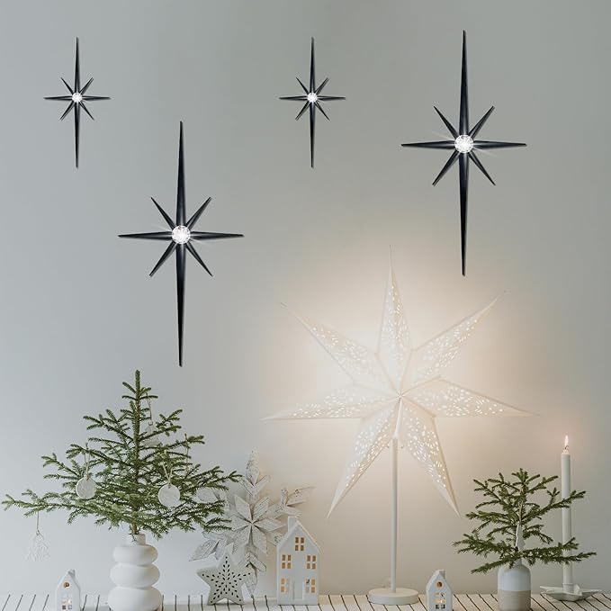 sxnzequnze 4 Pcs. Star Wall Art for Home Decor Living Room Bedroom Office Metal 3D,Bling,with Hanging Hook Starburst Midcentury Sculpture Retro Gallery Accent Celestial -Gold 16.5In/9.4In