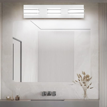 3 Color Temperature Dimmable Bathroom Light Fixtures over Mirror, LED Chrome 3 Light Vanity Lighting Fixtures, Acrylic Stainless Steel Square Shade Vanity Lights for Bathroom, ETL Certificated