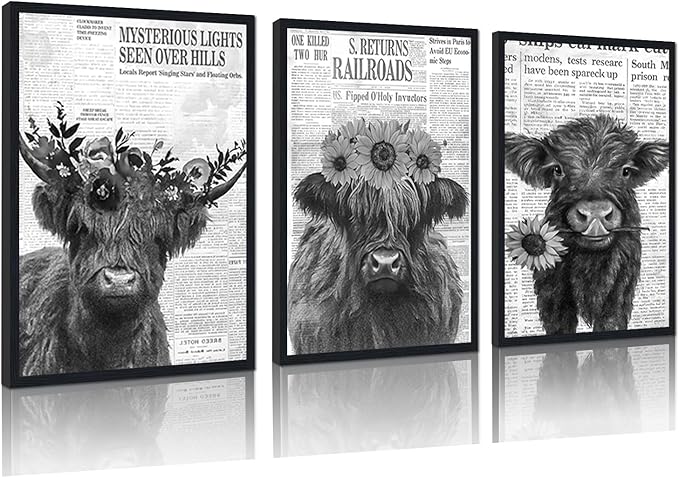 Vintage Scottish Cow Canvas Wall Art Retro Newspaper & Floral Highland Cow Poster Wall Decor Funny Farm Animal Cows Artwork for Apartment Bedroom Country Decoration 24x36inchx3pcs,Framed
