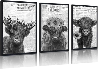 Vintage Scottish Cow Canvas Wall Art Retro Newspaper & Floral Highland Cow Poster Wall Decor Funny Farm Animal Cows Artwork for Apartment Bedroom Country Decoration 24x36inchx3pcs,Framed