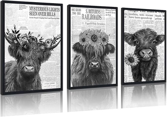 Vintage Scottish Cow Canvas Wall Art Retro Newspaper & Floral Highland Cow Poster Wall Decor Funny Farm Animal Cows Artwork for Apartment Bedroom Country Decoration 24x36inchx3pcs,Framed