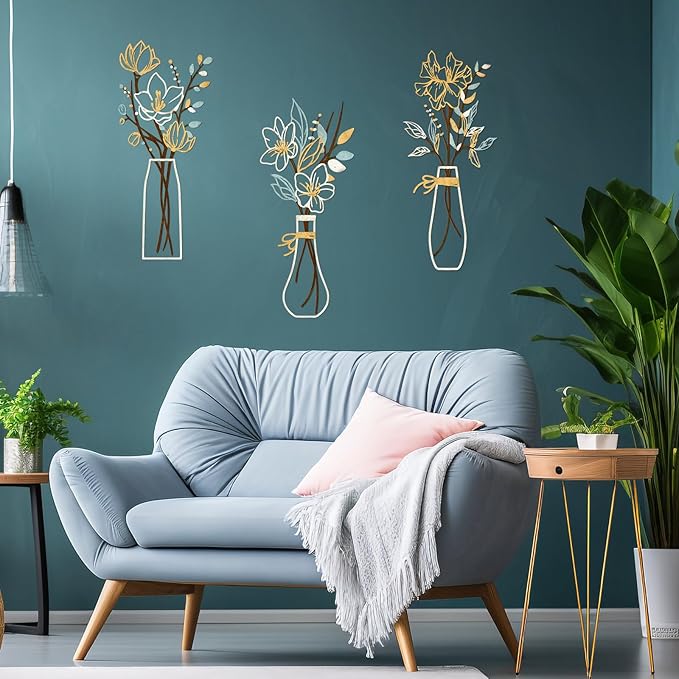 Zzbakress 3 Pcs Metal Flowers Wall Arts Rustic Farmhouse Decor Bathroom Wall Decor Metal Wall Decor for Living-room Dining-Room Kitchen Minimalist Decor Housewarming Gifts (Beige Gold)