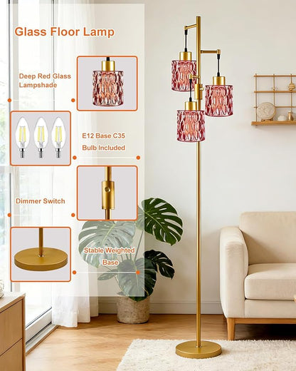3-Light Modern Glass Floor Lamp, Gold Standing Tall Lamp with Deep Red Cylinder Glass Shade for Reading, Dimmable LED Floor Lamp with 5Lbs Heavy Base for Living Room Bedroom Home Decor, Bulb Included