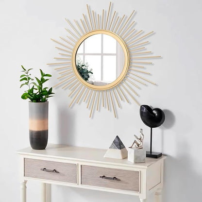 Large Gold Spoked Sunburst Wall Mirror Boho Home Decor Round Wall Art Mirror Modern Metal Mirrors for Wall Living Room Vanity Bathroom Bedroom Hallway Balcony Entryway 20"