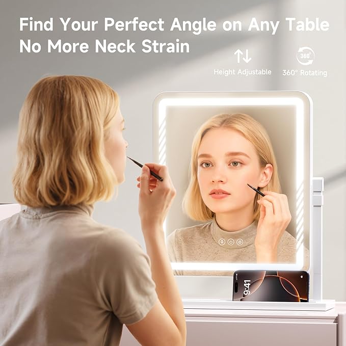 Makeup Mirror with Lights, Height-Adjustable & 360° Rotation, 1/10X Magnification, Three Color Lighting Modes, Vanity Mirror Smart Touch Control, Large Vanity Desk Mirror (17.5in,White)