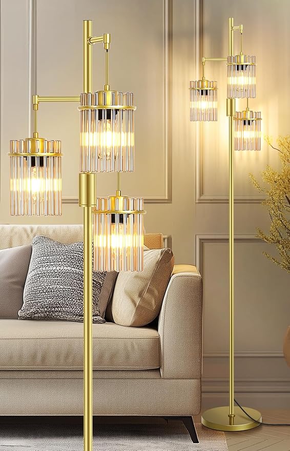 Farmhouse Glod Modern Floor Lamps for Living Room, Dimmable Glass Tree Standing Tall Lamps with 3 Elegant Teardrop Cage Head & 800 Lumens LED Bulbs for Bedroom Office (65inch Tall)