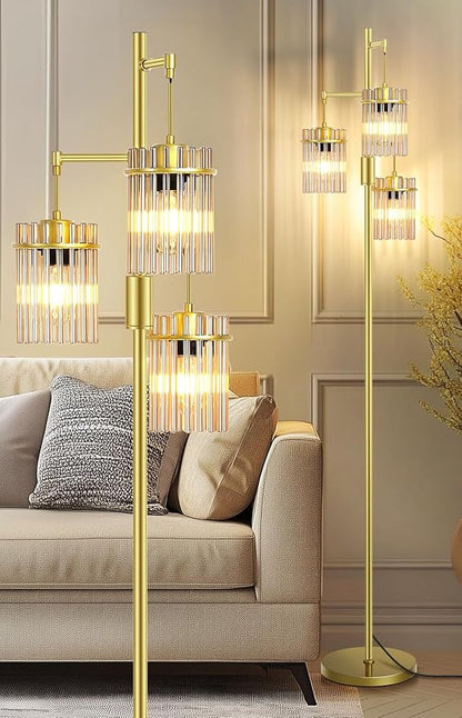 Farmhouse Glod Modern Floor Lamps for Living Room, Dimmable Glass Tree Standing Tall Lamps with 3 Elegant Teardrop Cage Head & 800 Lumens LED Bulbs for Bedroom Office (65inch Tall)