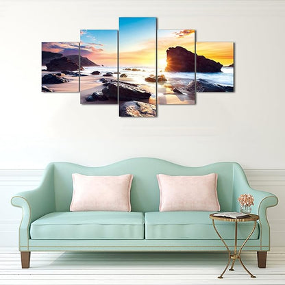 5 Piece Beach Sea Scene Wall Art for Bedroom Modern Home Decor HD Landscape Canvas Print Picture Bathroom Canvas Framed Wall Artwork Giclee Art Ready to Hang-60''W x 32''H