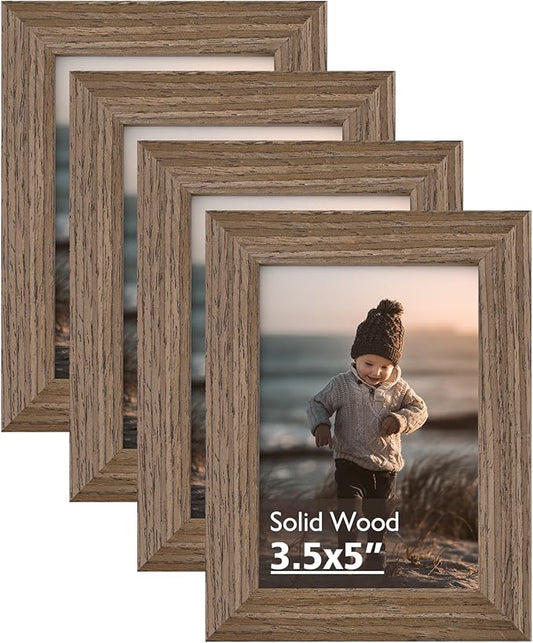 KINLINK 3.5x5 Picture Frame Brown Wood, Solid Wood Frames with Plexiglass for Table Top and Wall Mounting, Photo Frames for Horizontal or Vertical Display, 4 Pack