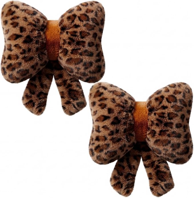 2 Pack Leopard Print Bow Throw Pillow Small Cheetah Print Love Pillows 13 x 10 Inch Faux Rabbit Fur Pillows Leopard Throw Bow Pillow for Valentine's Day, Wedding, Vintage Room Decorative