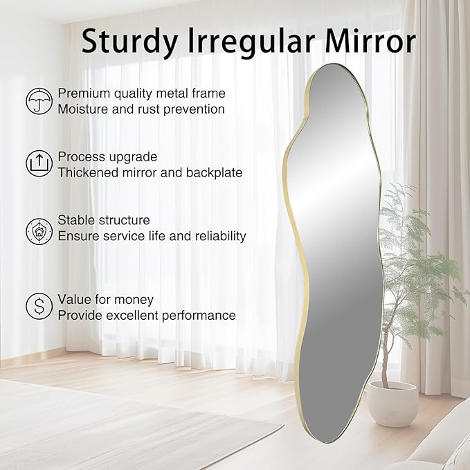 Large Irregular Wall Mirror, 63"x27.2" Asymmetrical Mirror with Gold Metal Frame, Organic Shape Mirror for Living Room Bedroom Hallway Entryway, Horizontal or Vertical Hanging