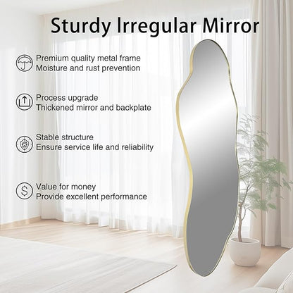 Large Irregular Wall Mirror, 63"x27.2" Asymmetrical Mirror with Gold Metal Frame, Organic Shape Mirror for Living Room Bedroom Hallway Entryway, Horizontal or Vertical Hanging