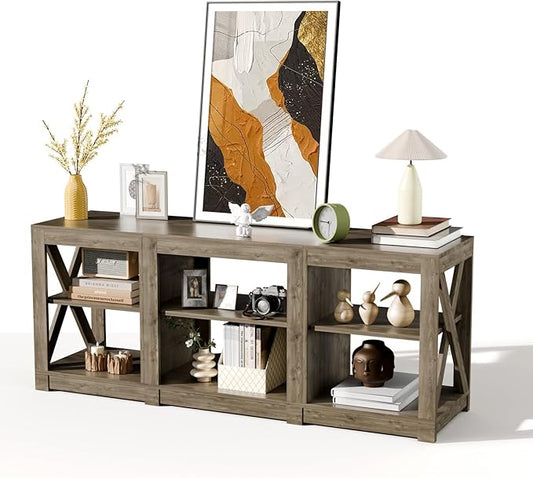 VINGLI TV Stand for 70 Inch TV, Farmhouse Entertainment Center with Storage, Mid Century Modern Media TV Console Table for Living Room Bedroom, Gray Oak