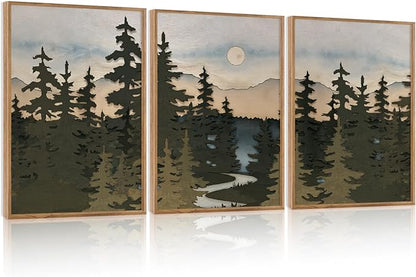 HPNIUB Woodcut Style Mountain Framed Wall Art Set,Vintage Pine Tree Wall Decor,Boho Sunset Nature Art Print,Wilderness Forest Artwork for Living Room, Bedroom,Dining Room,Office-24 x36 x3