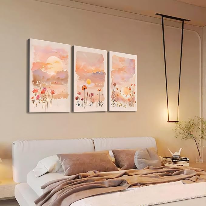 Eysintum 3 Panel Sunset Wall Art Wildflower Canvas Print Pink Floral Nature Landscape Painting Watercolor Boho Wall Decor for Bedroom Living Room 16x24in Ready to Hang