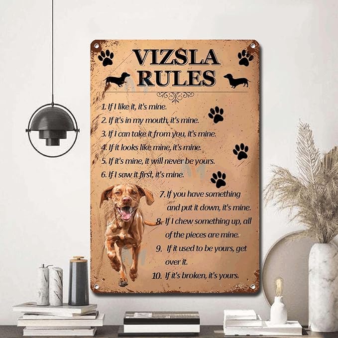 Metal Sign Tin Sign Vintage Wall Art Vizsla Rules Bar Sign for Restaurant 6×8 Inches