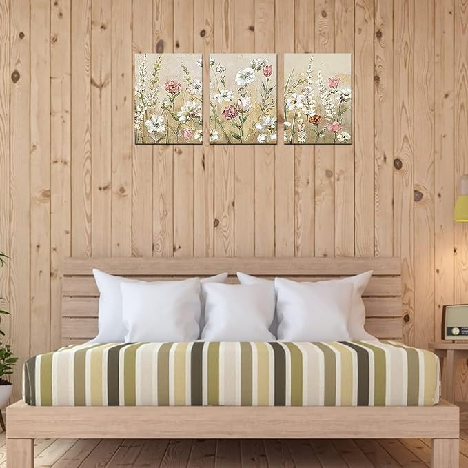 Flowers Wall Art Pink White Floral Canvas Pictures Elegant Blossom Wall Decor Modern Flower Bedroom Living Room Wall Decoration Vintage Canvas Prints Flower Canvas Wall Hangings 12" x 16" x 3 Pieces
