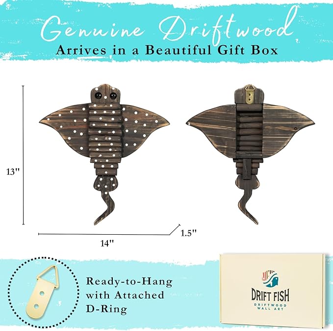 Driftwood Fish Nautical Wall Decor - Handmade Wooden Rustic Coastal Wall Art for Living Room, Bedroom, Office, Bathroom - Ocean Beach Decoration (Glider)