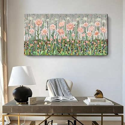 Large Pink Green And White Plant Wall Art For The Living Room， Natural Landscape Wildflower Canvas Print Picture， Modern Country Style Artwork For Living Rooms, Bedrooms, Kitchens, Dining Rooms, And Hallways. 48X24 Inches.