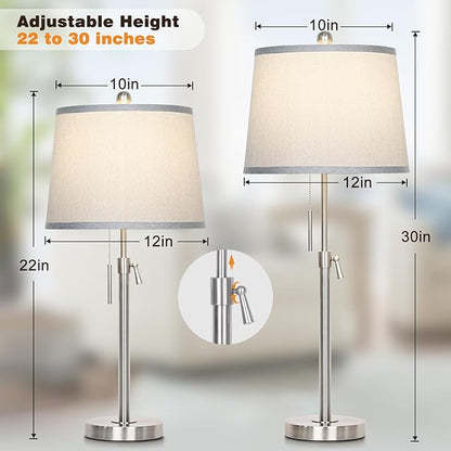 JUNNAI Table Lamps Set of 2, Bedside Lamp Silver Tall Table Lamps for Living Room End Tables, 22" to 30" Adjustable Height Lamp for Bedroom Nightstand Farmhouse with Pull Chain(Bulbs Included)