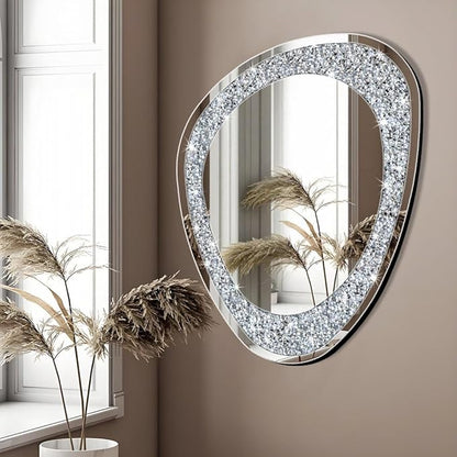 DMDFIRST Modern Irregular Shaped Wall Mirror – 32x23.5 Inch Decorative Oval Diamond Decor Mirror for Living Room, Bedroom, Bathroom, Entryway