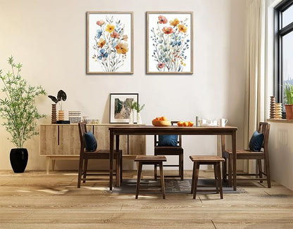 Framed Colorful Flowers Canvas Wall Art for Bathroom Decor, Blue Floral Print, Yellow Orange Flowers Artwork Pictures Poster for Bedroom Living Room Office Decoration 12"x16"x2 Panels