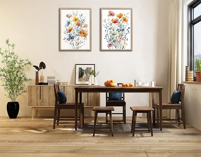 Large Framed Colorful Flowers Canvas Wall Art for Bathroom Decor, Blue Floral Print, Yellow Orange Flowers Artwork Pictures Poster for Bedroom Living Room Decoration 16"x24"x2 Panels