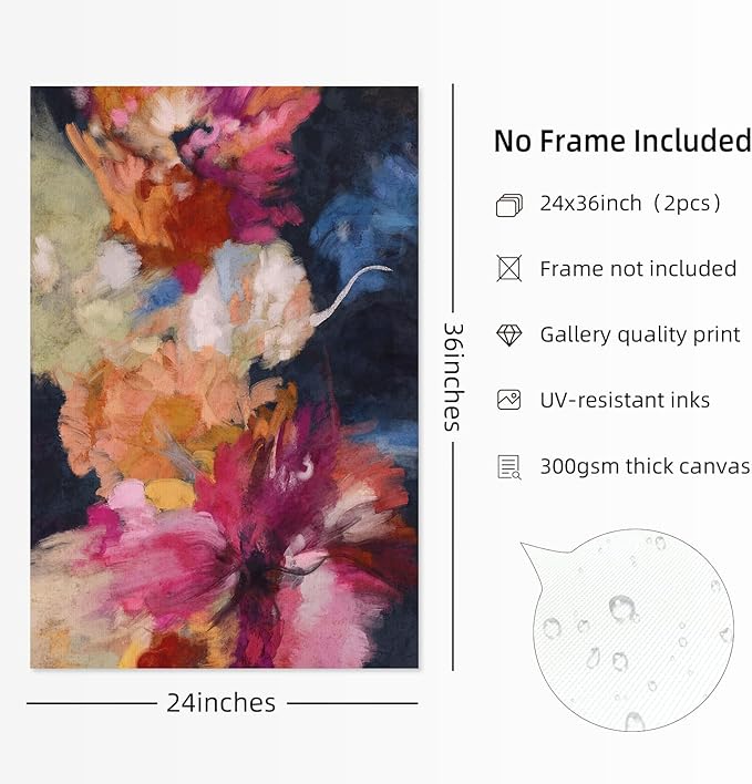 Colorful Abstract Wall Art Decor Modern Flower Canvas Wall Art Abstract Flower Pictures Painting Modern Colorful Artwork Posters Abstract Prints for Living Room Bedroom 24x36 Inch Unframed Set of 2