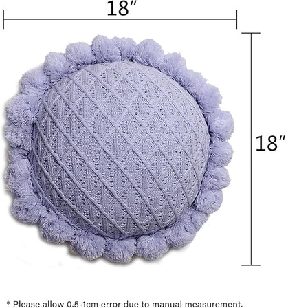 Acrylic Knitted Round Throw Pillow Knitting Bohemian Circular Cushion Pillow with Knit Handmade Pompoms Decorative Romantic Purple, Diameter 18inches