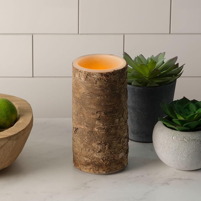 Mikasa Birch LED Wax Pillar Candle with Flickering Flame - Real Wax Design & 5-Hour Timer for Safe Warm Lighting - Rustic Accent for Cozy Home Decor & Ambient Mood Settings