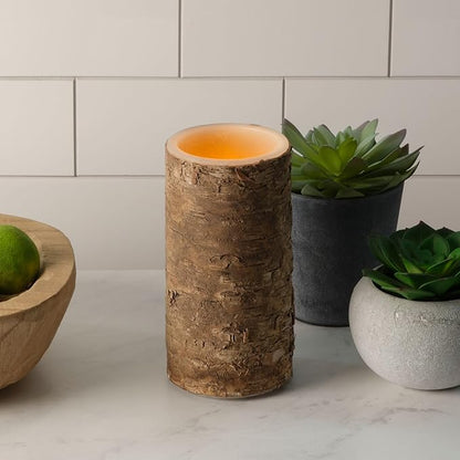 Mikasa Birch LED Wax Pillar Candle with Flickering Flame - Real Wax Design & 5-Hour Timer for Safe Warm Lighting - Rustic Accent for Cozy Home Decor & Ambient Mood Settings