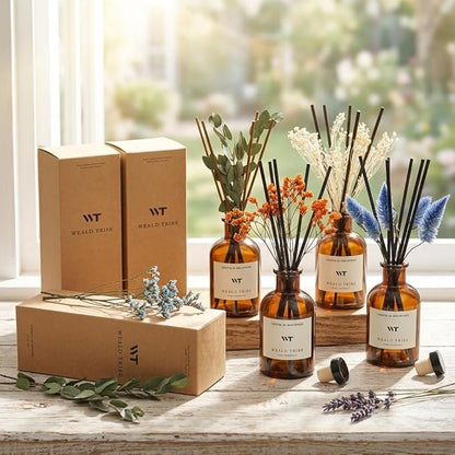WEALD TRIBE Flower Reed Diffuser Set Eucalyptus & Lavender Scent For Bathroom Accessories Shelf Decor & Air Fresheners, Sticks Defusers With 4.0 fl oz Essential Oils, House Bedroom Office Decor & Gift