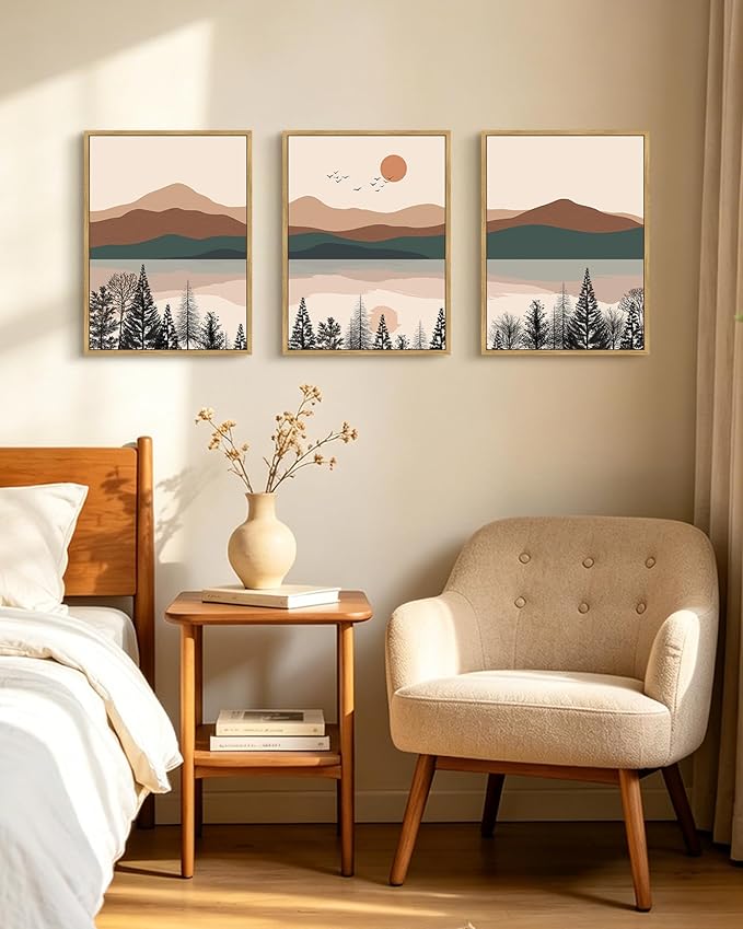 PHOPAGO Mountain Laker Landscape Framed Wall Art Boho Nature Artwork Paints Bohemain Farmhouse Rustic Living Room Bedroom Decor - 12x16in Natural Framed