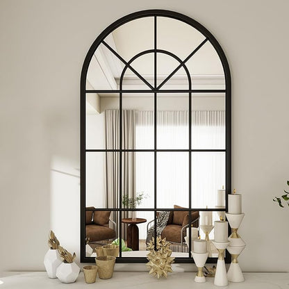 Arched Window Wall Mounted Mirror, 42"x24", Arched Window Pane Mirror Decorative for Entryway, Wall Decor Mirror for Bathroom Vanity, Living Room or Bedroom, Iron Frame, Black