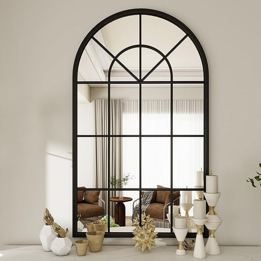 Arched Window Wall Mounted Mirror, 42"x24", Arched Window Pane Mirror Decorative for Entryway, Wall Decor Mirror for Bathroom Vanity, Living Room or Bedroom, Iron Frame, Black